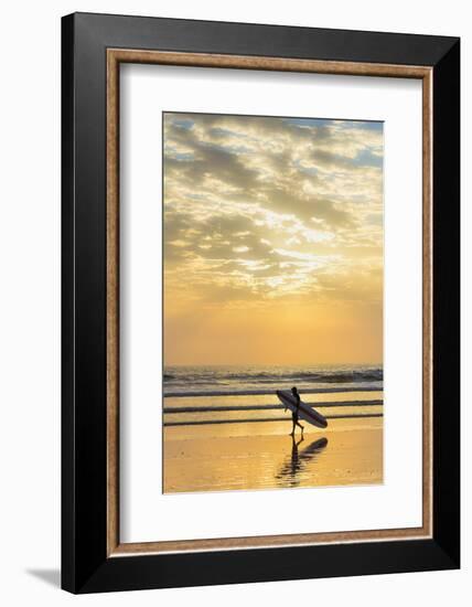 Surfer with Long Board at Sunset on Popular Playa Guiones Surf Beach-Rob Francis-Framed Photographic Print