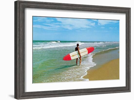 Surfer with Long Board, Retro-null-Framed Art Print