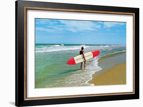 Surfer with Long Board, Retro-null-Framed Art Print