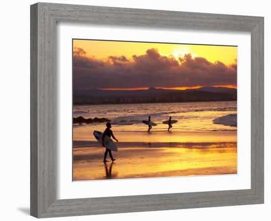 Surfers at Sunset, Gold Coast, Queensland, Australia-David Wall-Framed Photographic Print