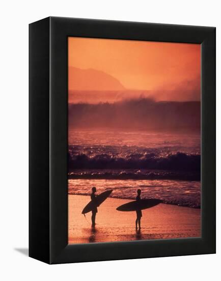 Surfers at Sunset, Oahu, Hawaii-Bill Romerhaus-Framed Premier Image Canvas