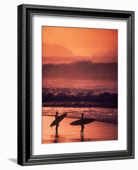 Surfers at Sunset, Oahu, Hawaii-Bill Romerhaus-Framed Photographic Print