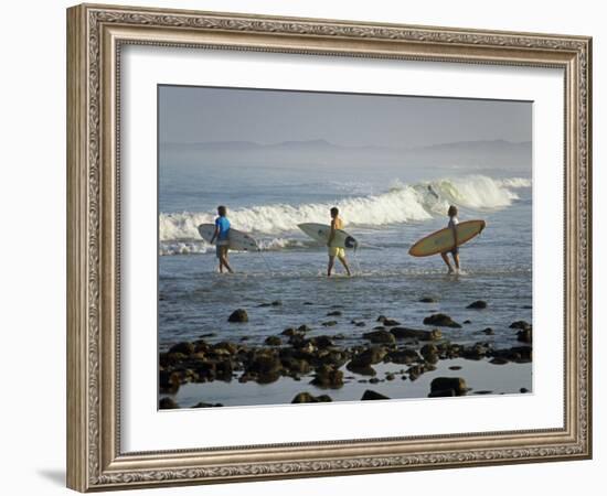 Surfers Head into the Surf at Mancora on the Northern Coast of Peru-Andrew Watson-Framed Photographic Print