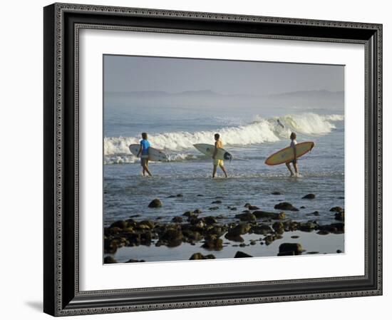 Surfers Head into the Surf at Mancora on the Northern Coast of Peru-Andrew Watson-Framed Photographic Print