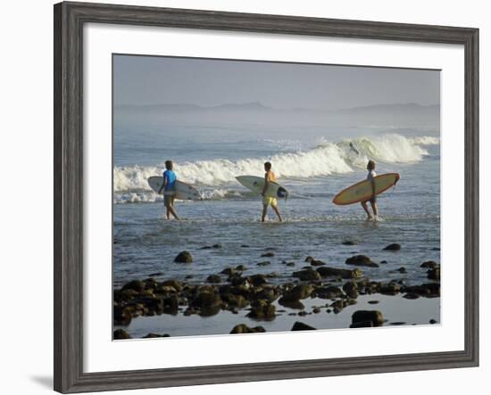 Surfers Head into the Surf at Mancora on the Northern Coast of Peru-Andrew Watson-Framed Photographic Print