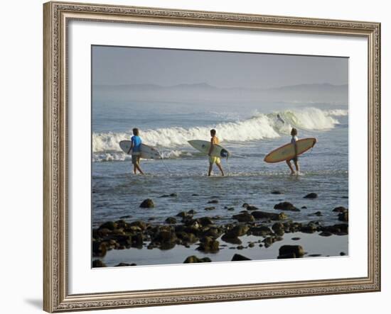 Surfers Head into the Surf at Mancora on the Northern Coast of Peru-Andrew Watson-Framed Photographic Print