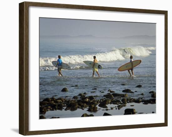 Surfers Head into the Surf at Mancora on the Northern Coast of Peru-Andrew Watson-Framed Photographic Print