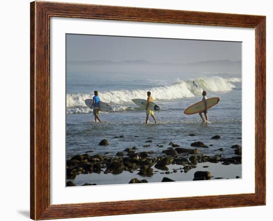 Surfers Head into the Surf at Mancora on the Northern Coast of Peru-Andrew Watson-Framed Photographic Print