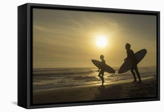 Surfers on Bloubergstrand at sunset, Cape Town, Western Cape, South Africa, Africa-Ian Trower-Framed Premier Image Canvas