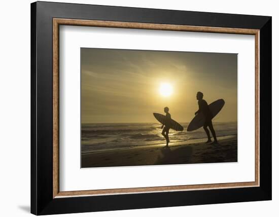 Surfers on Bloubergstrand at sunset, Cape Town, Western Cape, South Africa, Africa-Ian Trower-Framed Photographic Print