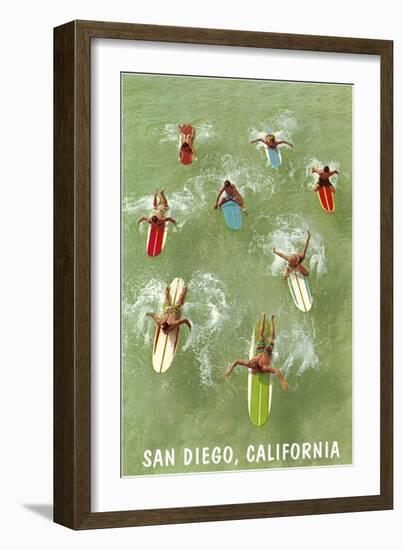 Surfers Paddling Away, San Diego, California-null-Framed Art Print