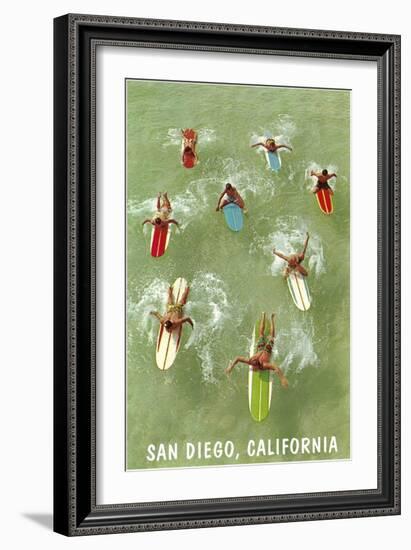 Surfers Paddling Away, San Diego, California-null-Framed Art Print