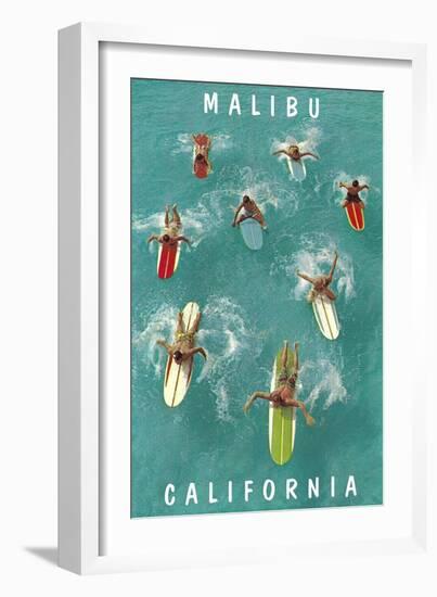 Surfers Paddling, Malibu, California-null-Framed Art Print