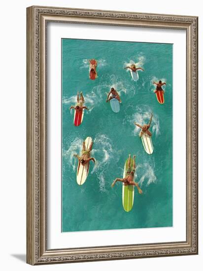 Surfers Paddling on Multi-Colored Boards, from Above-null-Framed Art Print