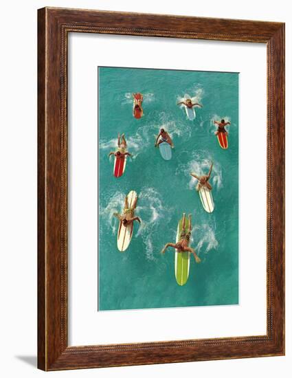 Surfers Paddling on Multi-Colored Boards, from Above-null-Framed Art Print