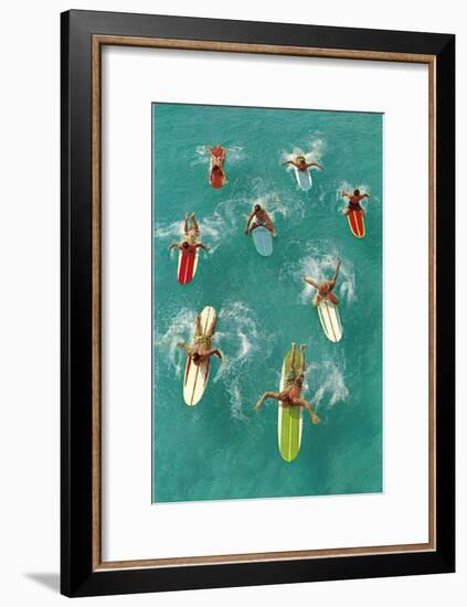 Surfers Paddling on Multi-Colored Boards, from Above-null-Framed Art Print