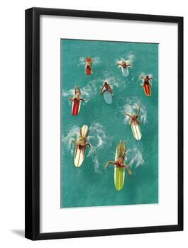 Surfers Paddling on Multi-Colored Boards, from Above-null-Framed Art Print