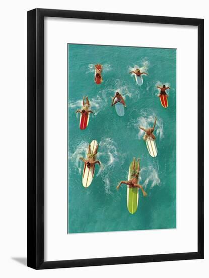 Surfers Paddling on Multi-Colored Boards, from Above-null-Framed Art Print