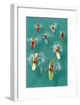 Surfers Paddling on Multi-Colored Boards, from Above-null-Framed Art Print