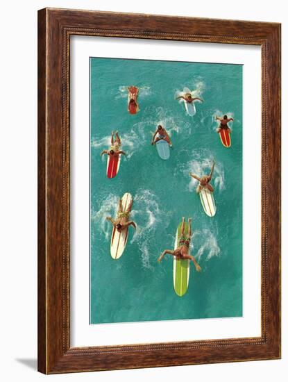 Surfers Paddling on Multi-Colored Boards, from Above-null-Framed Art Print