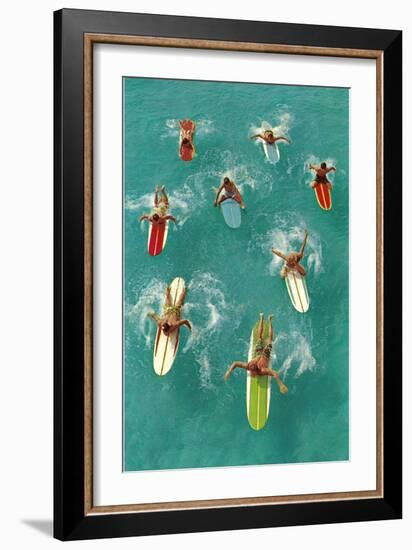 Surfers Paddling on Multi-Colored Boards, from Above-null-Framed Art Print