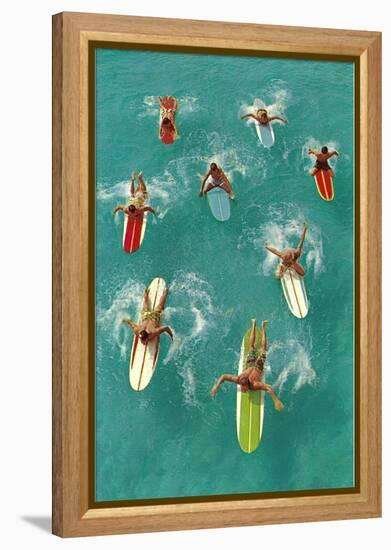 Surfers Paddling on Multi-Colored Boards, from Above-null-Framed Stretched Canvas