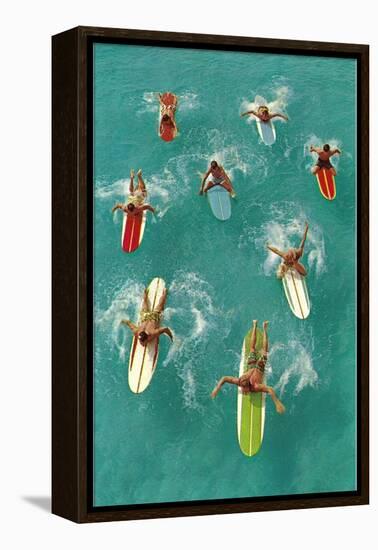Surfers Paddling on Multi-Colored Boards, from Above-null-Framed Stretched Canvas