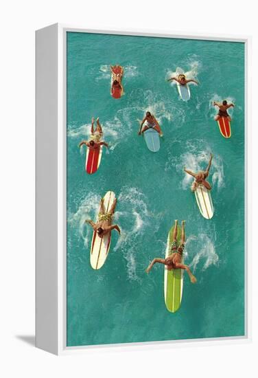 Surfers Paddling on Multi-Colored Boards, from Above-null-Framed Stretched Canvas