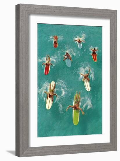 Surfers Paddling on Multi-Colored Boards, from Above-null-Framed Premium Giclee Print