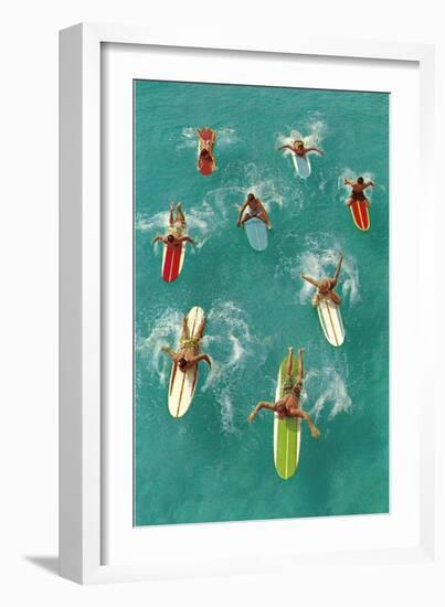 Surfers Paddling on Multi-Colored Boards, from Above-null-Framed Premium Giclee Print