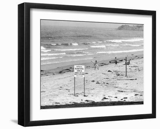 Surfers Walking to Water Behind Sign Reading "Official Surfing Area"-Allan Grant-Framed Photographic Print