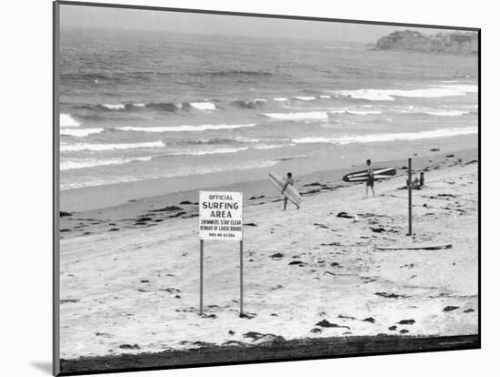 Surfers Walking to Water Behind Sign Reading "Official Surfing Area"-Allan Grant-Mounted Photographic Print