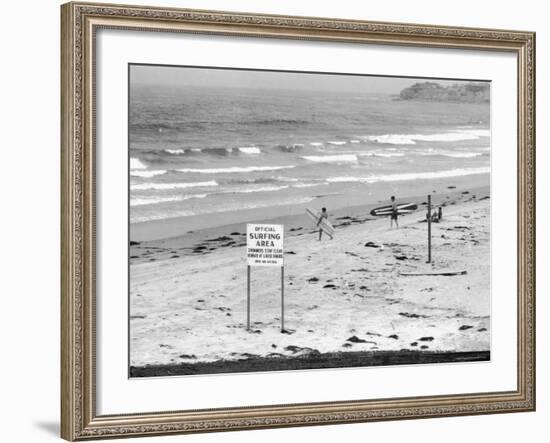 Surfers Walking to Water Behind Sign Reading "Official Surfing Area"-Allan Grant-Framed Photographic Print