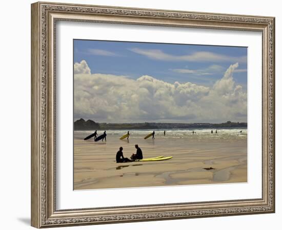 Surfers with Boards on Perranporth Beach, Cornwall, England-Simon Montgomery-Framed Photographic Print