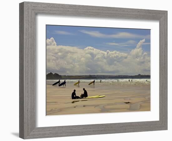 Surfers with Boards on Perranporth Beach, Cornwall, England-Simon Montgomery-Framed Photographic Print