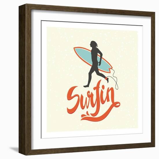 Surfin' - Typographic Design with Running Surfer-Tasiania-Framed Art Print