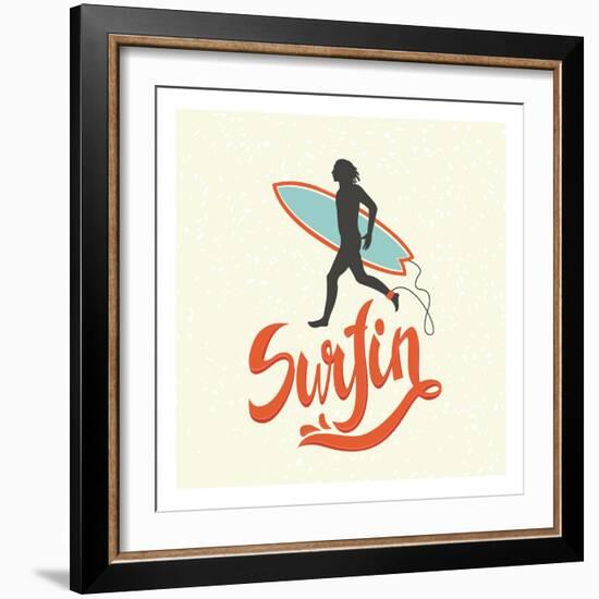 Surfin' - Typographic Design with Running Surfer-Tasiania-Framed Art Print