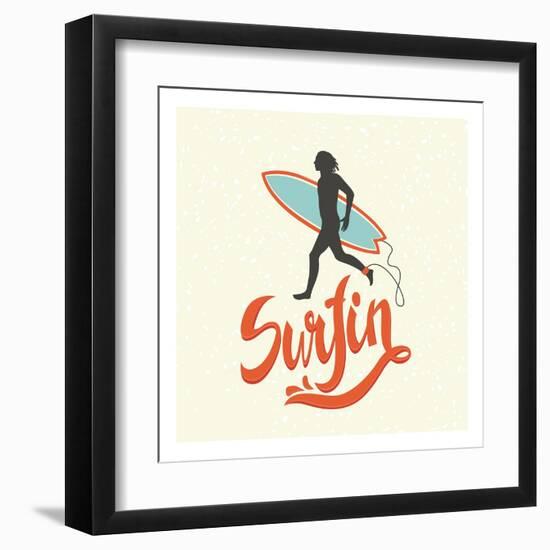 Surfin' - Typographic Design with Running Surfer-Tasiania-Framed Art Print