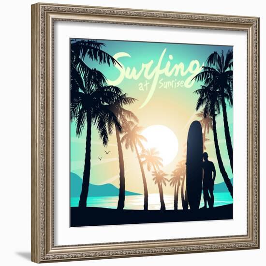 Surfing at Sunrise with a Longboard Surfer-Adam Fahey-Framed Art Print