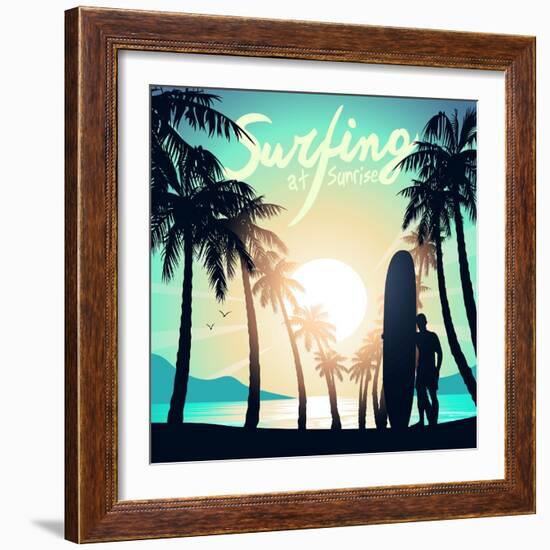 Surfing at Sunrise with a Longboard Surfer-Adam Fahey-Framed Art Print