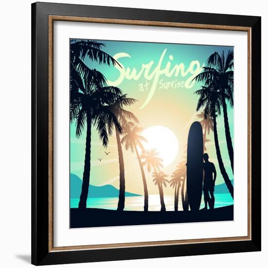 Surfing at Sunrise with a Longboard Surfer-Adam Fahey-Framed Art Print