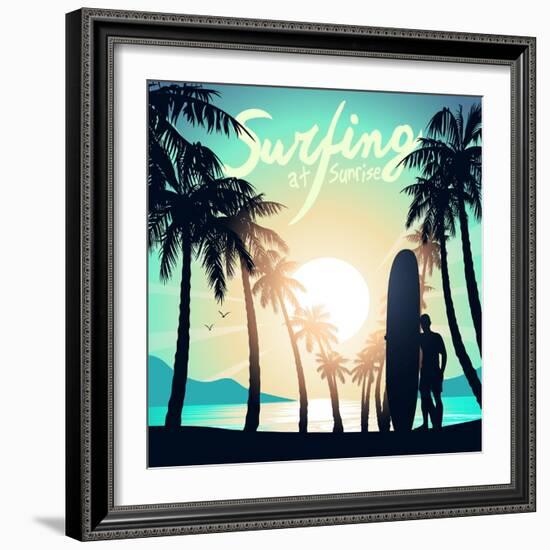 Surfing at Sunrise with a Longboard Surfer-Adam Fahey-Framed Art Print