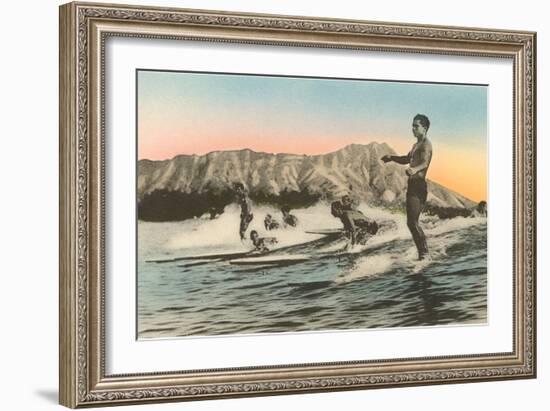 Surfing in Hawaii by Diamond Head-null-Framed Art Print