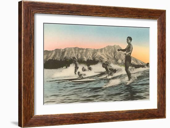 Surfing in Hawaii by Diamond Head-null-Framed Art Print