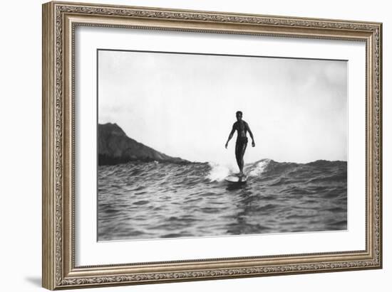 Surfing in Honolulu Hawaii Longboard Surfer Photograph - Honolulu, HI-Lantern Press-Framed Art Print