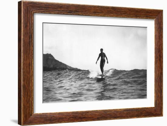 Surfing in Honolulu Hawaii Longboard Surfer Photograph - Honolulu, HI-Lantern Press-Framed Art Print