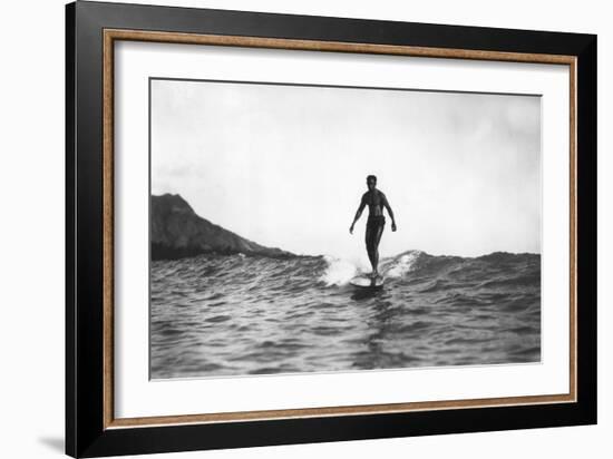 Surfing in Honolulu Hawaii Longboard Surfer Photograph - Honolulu, HI-Lantern Press-Framed Art Print