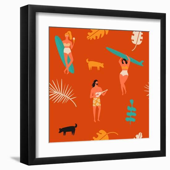 Surfing Pattern with Girls Carrying Surfboards and a Guy Playing Music-Tasiania-Framed Art Print