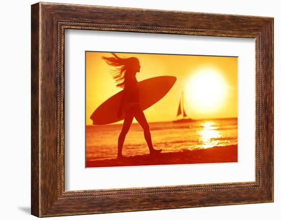 Surfing Surfer Woman Babe Beach Fun at Sunset. Girl Walking in Sunshine in Warm Evening Sun Holding-Maridav-Framed Photographic Print