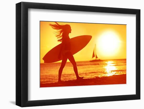 Surfing Surfer Woman Babe Beach Fun at Sunset. Girl Walking in Sunshine in Warm Evening Sun Holding-Maridav-Framed Photographic Print